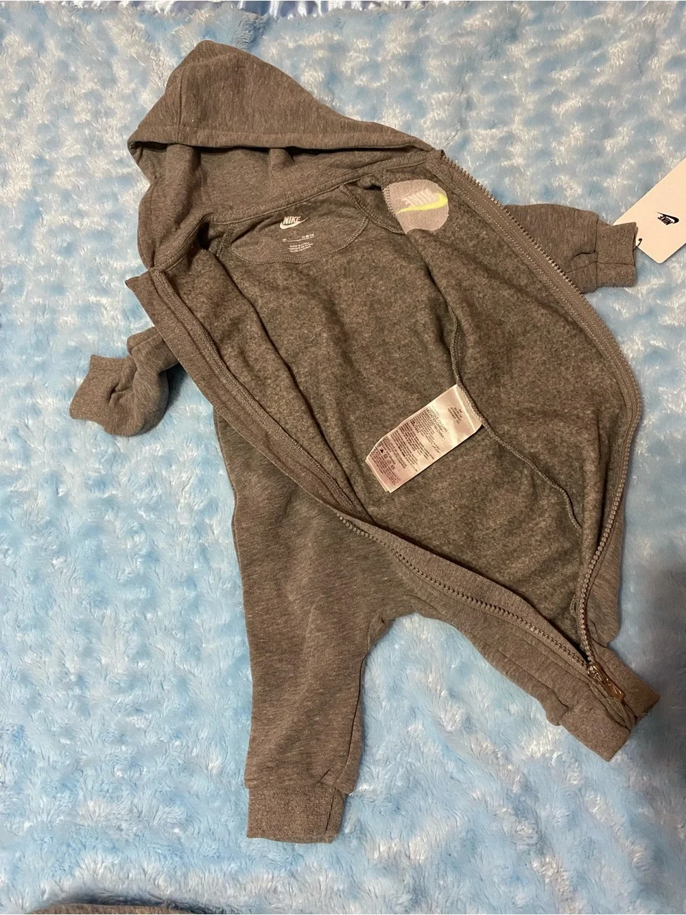 Nike Kids Gray Hooded One-Piece with Neon Yellow Logo Size 6M
